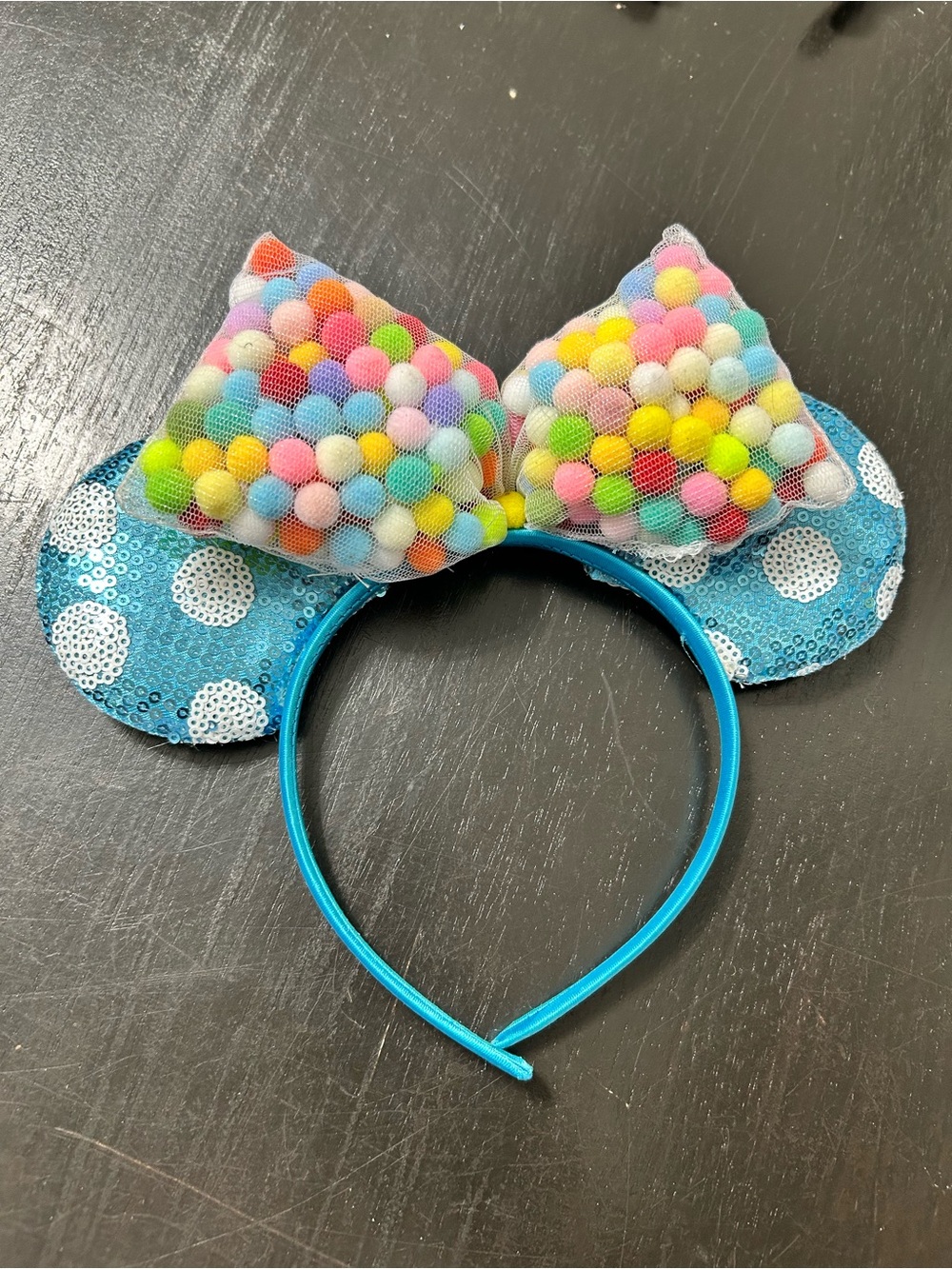 Colorful Pom Bow Mouse Ears Headband - Blue